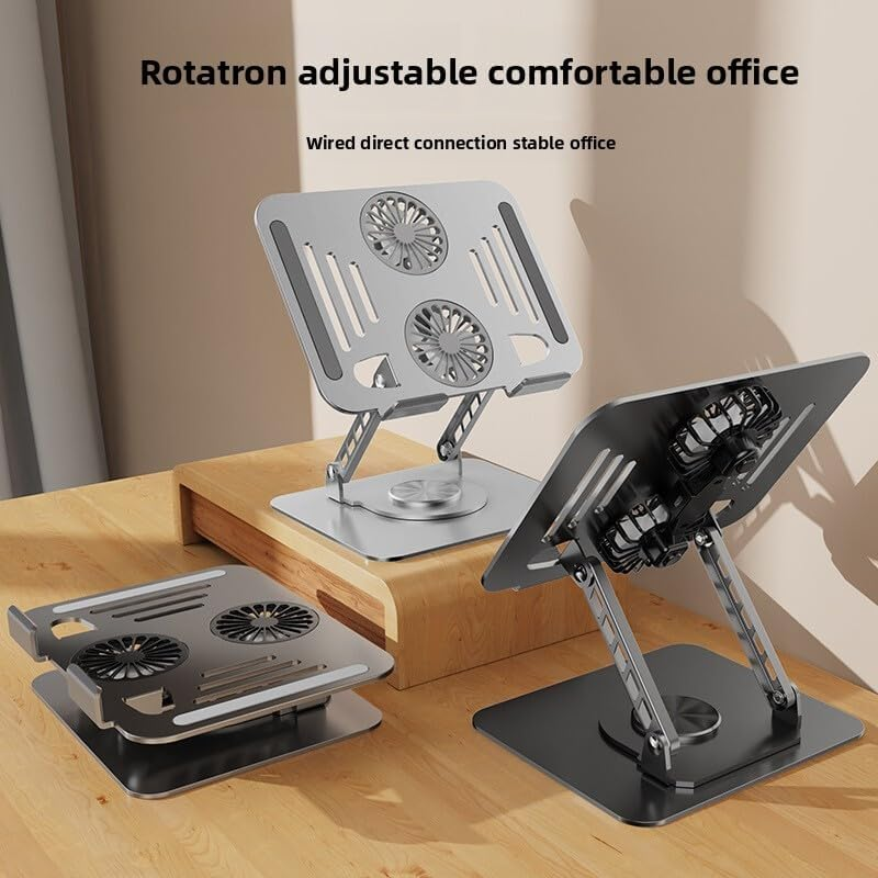 Rotating laptop stand shown raised, tilted and folded