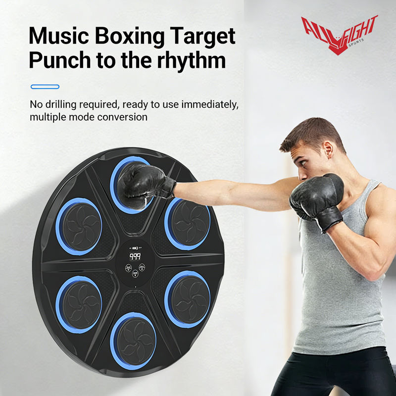 Man using the ALLFIGHT music boxing wall target at home