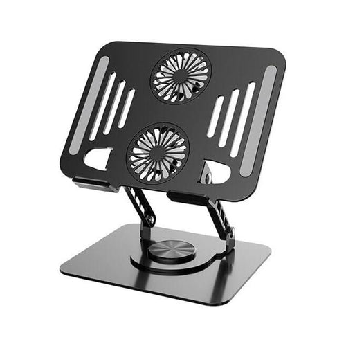Black carbon steel laptop stand with rotating base and two cooling fans