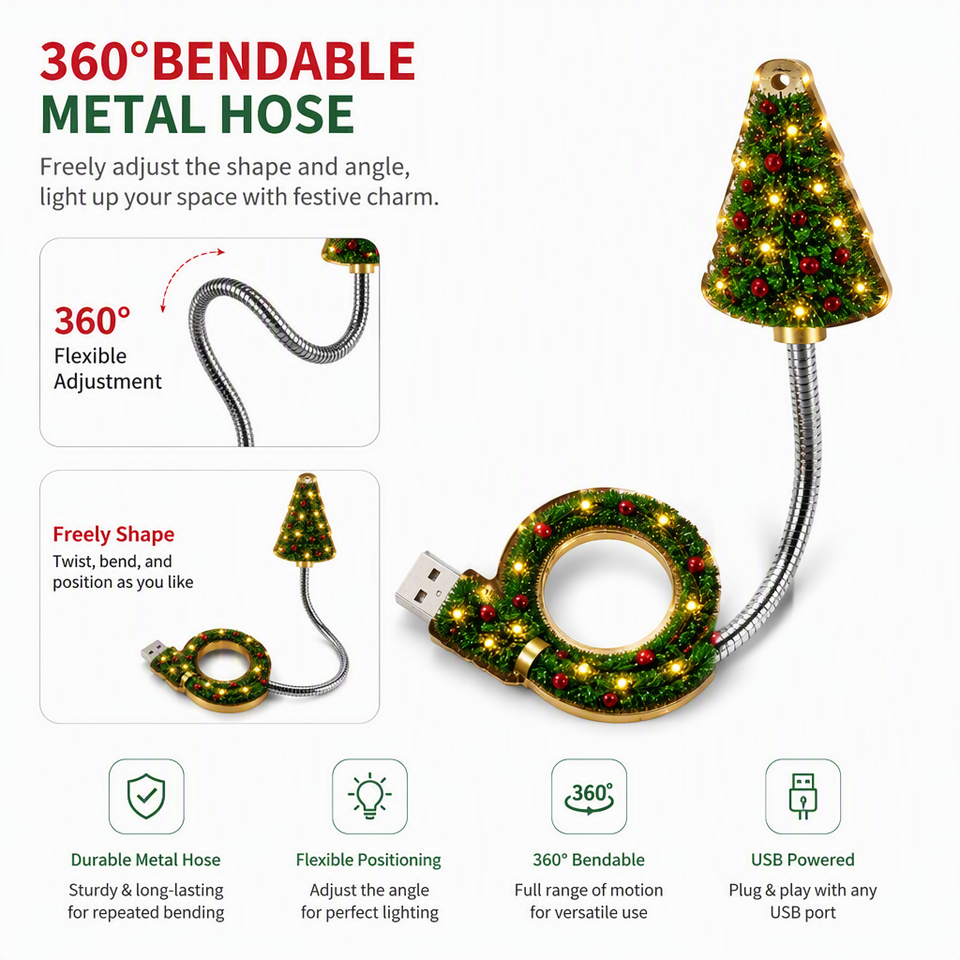 Christmas tree USB projector illustration showing its bendable metal neck and adjustable positioning
