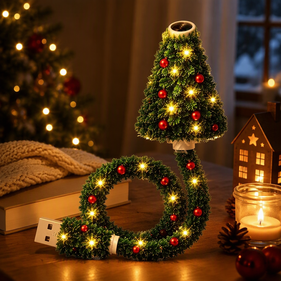Christmas tree USB light styled beside books and festive decorations in a warmly lit room