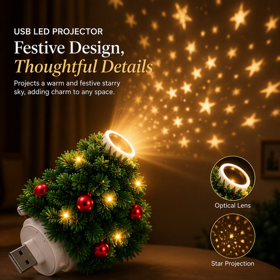 Christmas tree projector promotional scene showing warm star patterns on a dim room wall