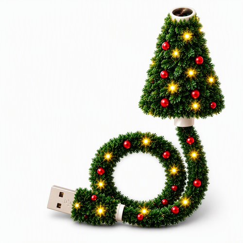 Christmas tree USB projector with red ornaments, warm LEDs and a flexible green neck on a white background