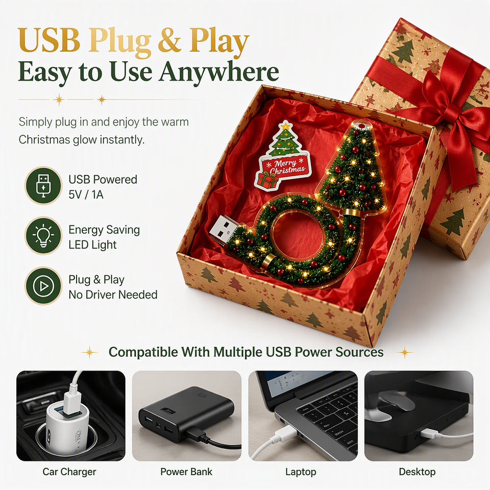 Christmas tree USB projector gift presentation with illustrations of compatible USB power sources