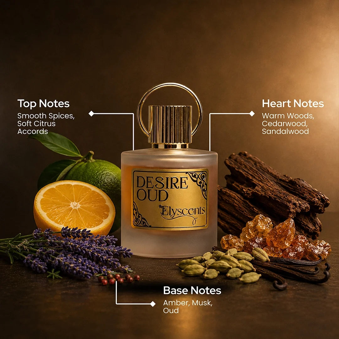 Desire Oud fragrance notes: smooth spices, citrus, cedarwood, sandalwood, amber, musk and oud