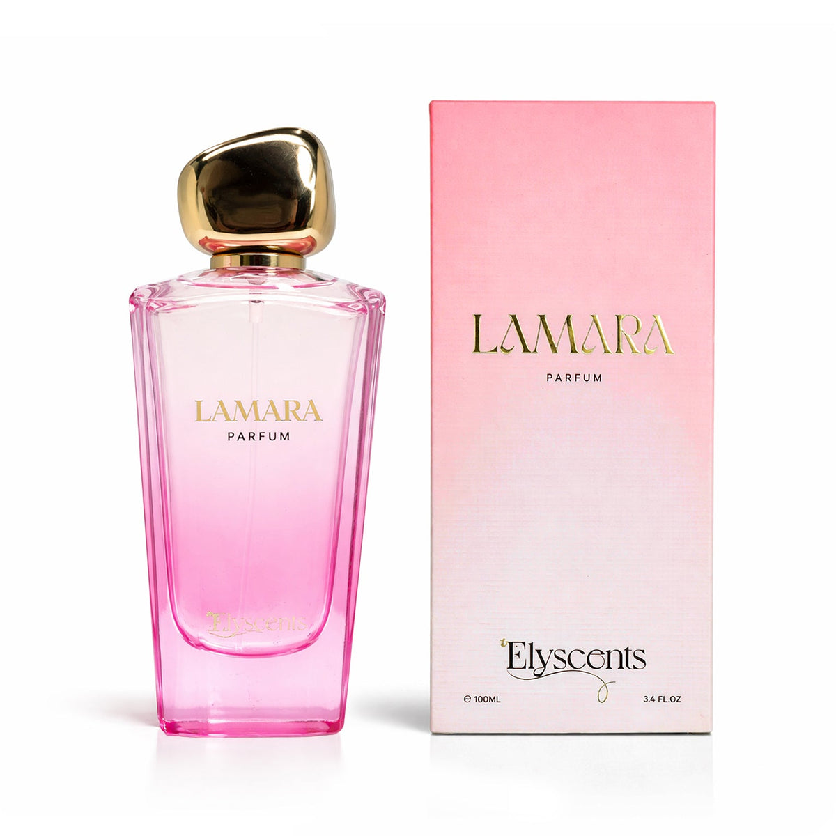 Elyscents Lamara perfume bottle beside its pink and gold box labelled 100 ml