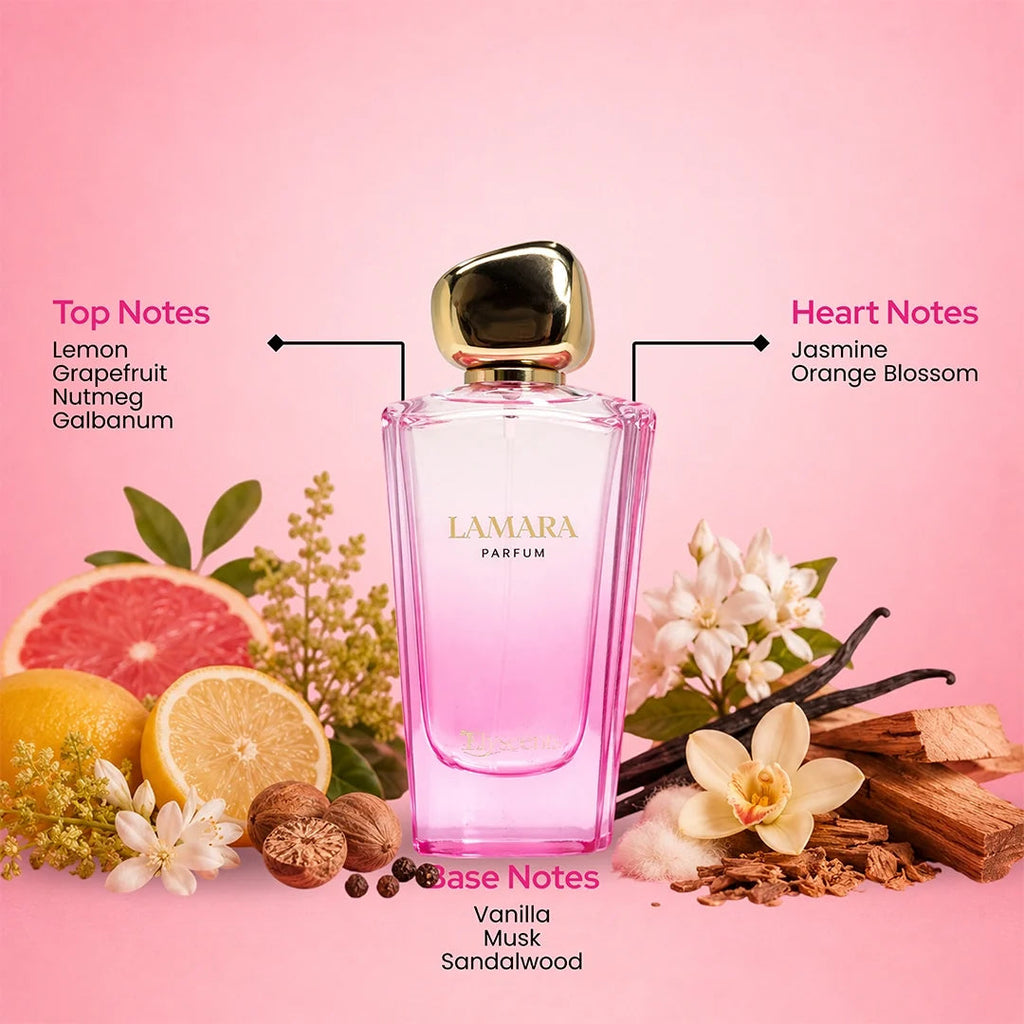 Lamara fragrance note illustration showing lemon, grapefruit, nutmeg, galbanum, jasmine, orange blossom, vanilla, musk and sandalwood