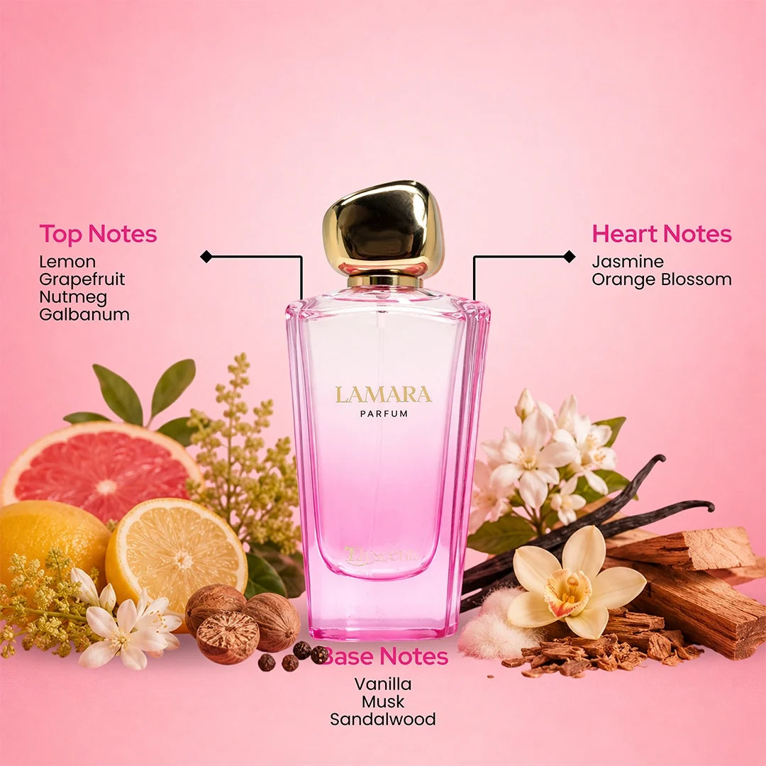 Lamara fragrance note illustration showing lemon, grapefruit, nutmeg, galbanum, jasmine, orange blossom, vanilla, musk and sandalwood