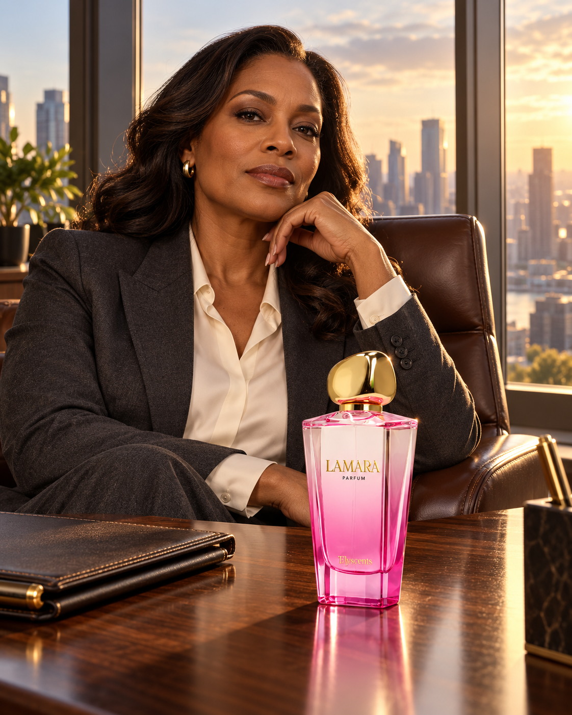 Pink Lamara perfume bottle on an office desk beside a woman in a suit