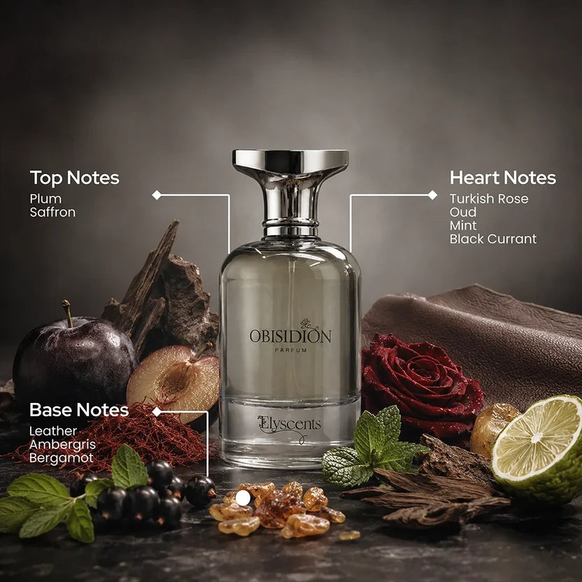 Obisidion perfume bottle surrounded by fruit, rose, woods and spices in a fragrance-note illustration