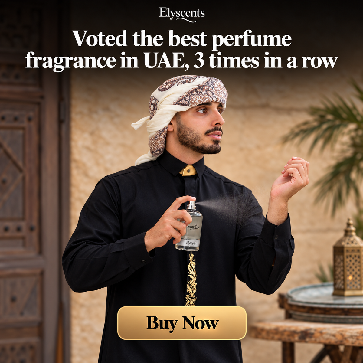 Obisidion perfume promotional graphic showing a man holding the bottle