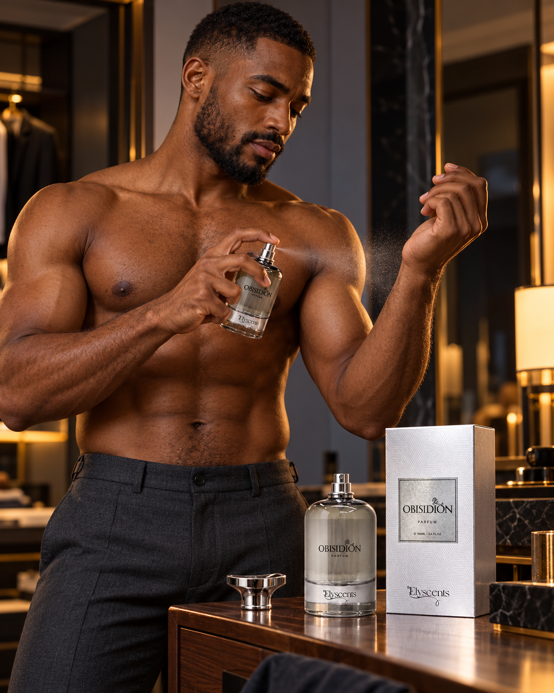 Man applying Obisidion perfume to his wrist beside a bathroom counter