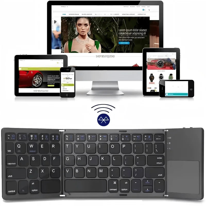Bluetooth keyboard with touchpad shown with compatible device types