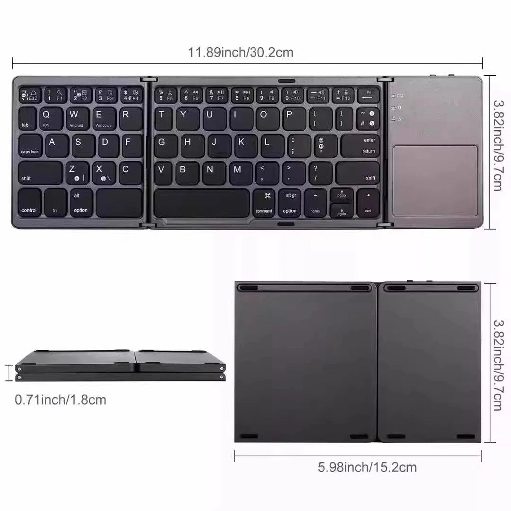 Foldable keyboard size diagram: open 30.2 by 9.7 cm; folded 15.2 by 9.7 by 1.8 cm