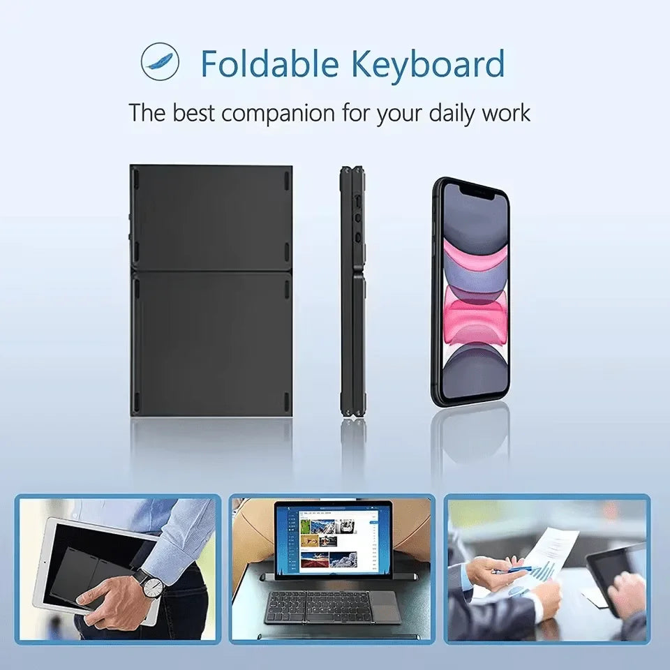 Compact folding keyboard beside a phone for size comparison