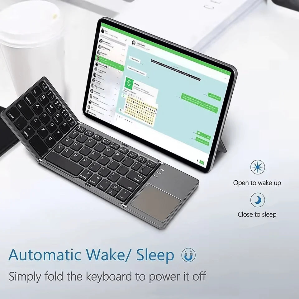 Foldable Bluetooth keyboard with a tablet and an illustration of automatic wake and sleep