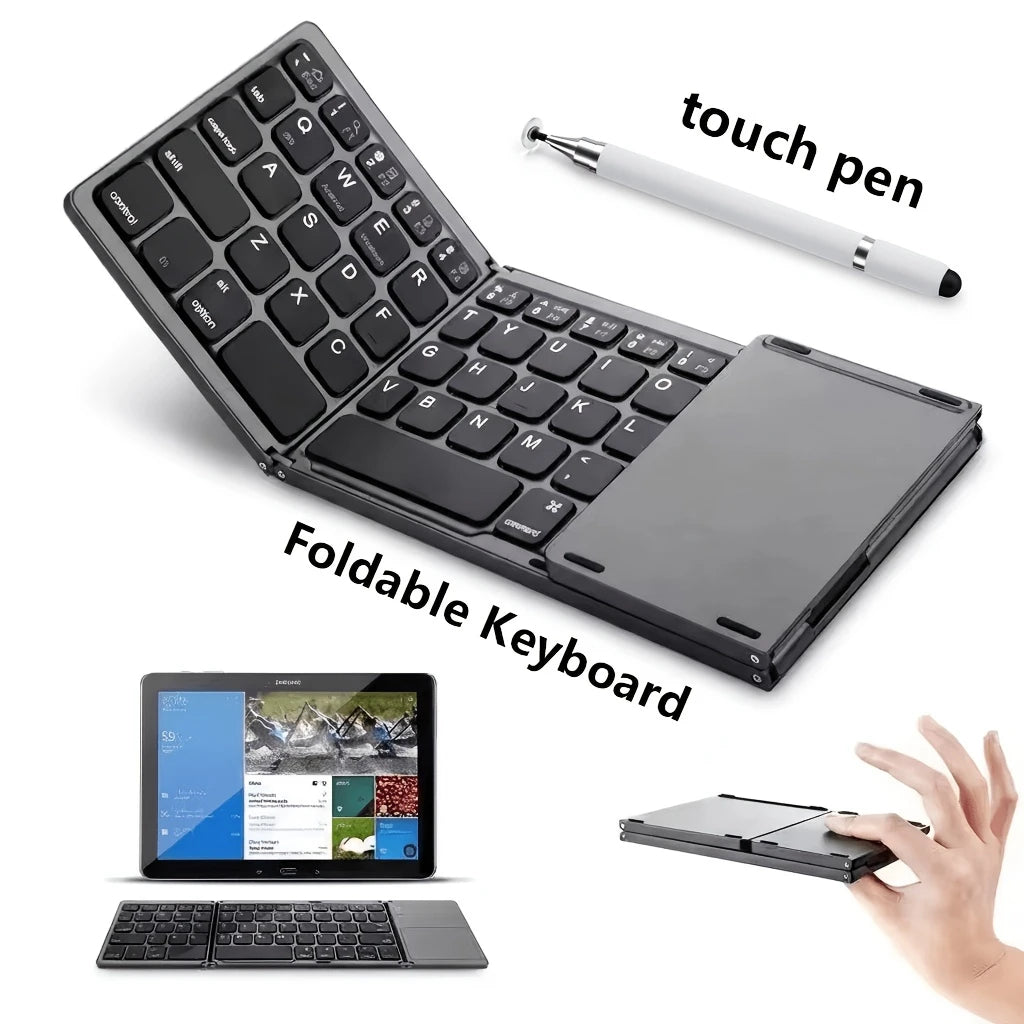 Foldable Bluetooth keyboard shown folded and open with illustrative devices