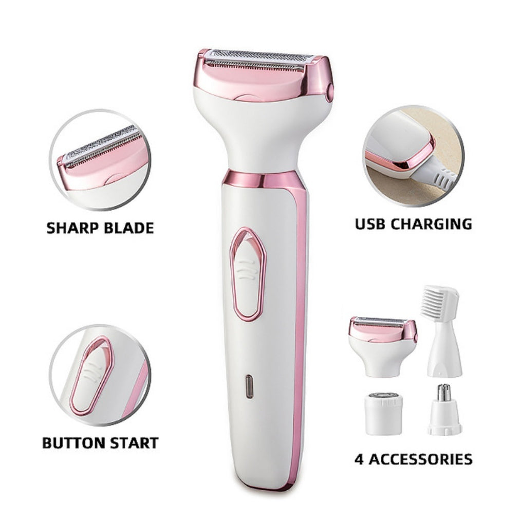 White and rose-gold 4-in-1 women's shaver with four interchangeable heads