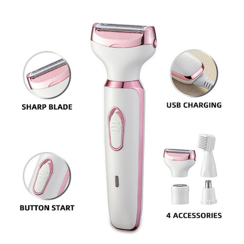 White and rose-gold 4-in-1 women's shaver with four interchangeable heads