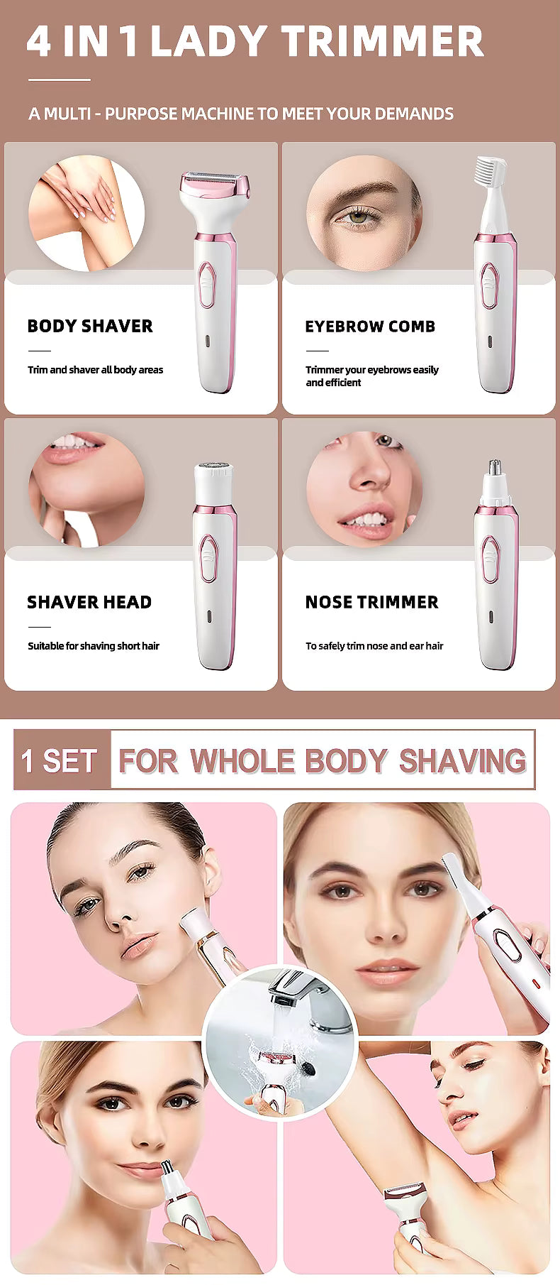 Four attachments for body, face, eyebrow and visible nose hair