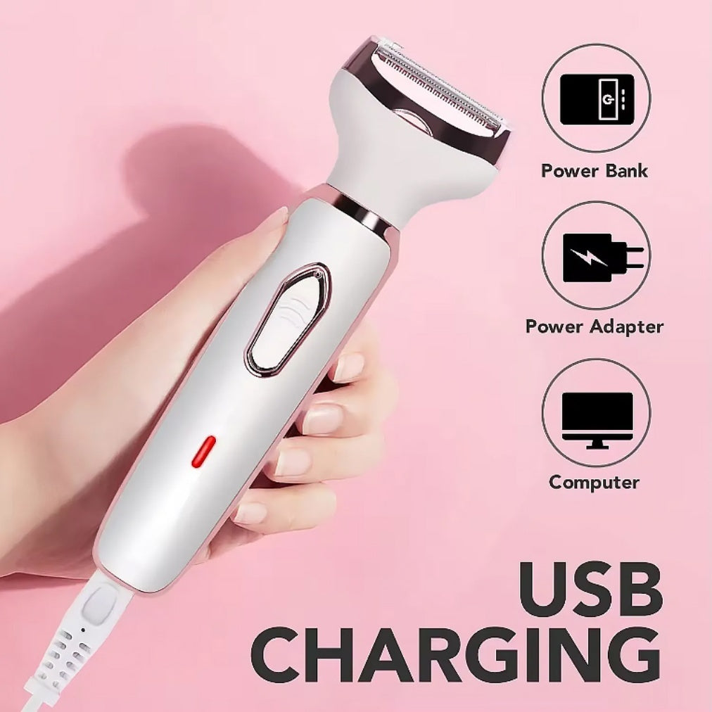 Women's shaver connected to its USB charging cable
