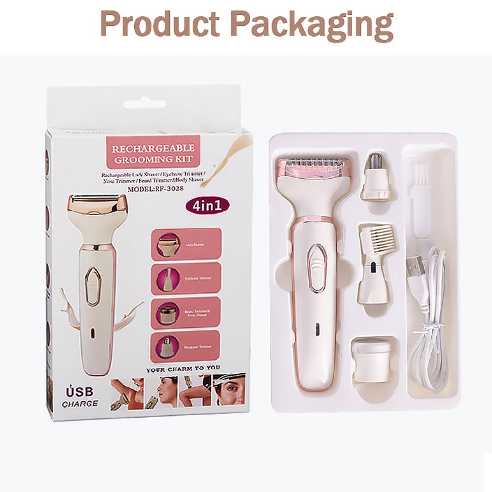 Complete shaver kit with handle, four heads, USB cable and cleaning brush