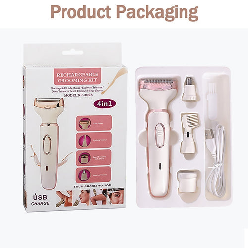 Complete shaver kit with handle, four heads, USB cable and cleaning brush