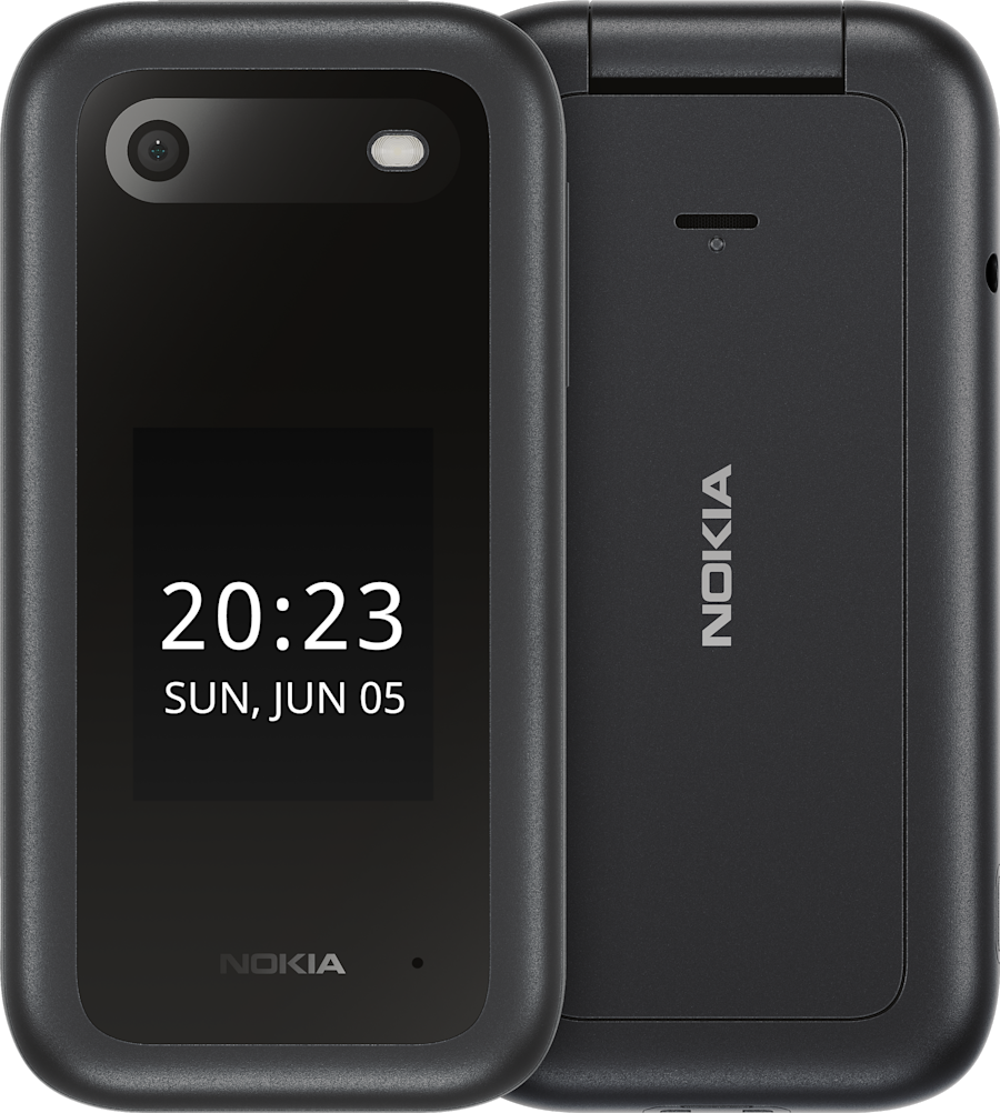 Nokia 2660 Flip black phone front and back view