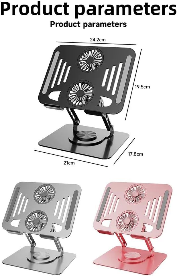 Laptop stand size guide showing 24.2 by 19.5 cm platform and 21 by 17.8 cm base