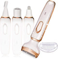White and rose-gold women's electric shaver shown with several attachment configurations and a comb guard