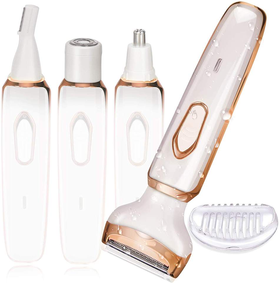 White and rose-gold women's electric shaver shown with several attachment configurations and a comb guard